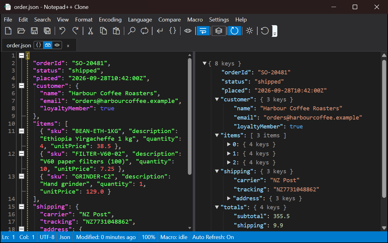 Notepad++ Clone in dark mode showing a sample order JSON file in Split view, with folding marks in the source and an expandable tree of keys in the preview.