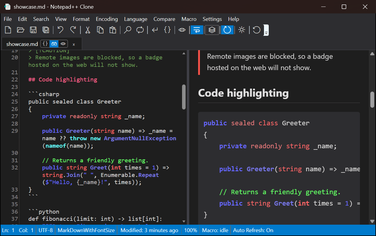 Notepad++ Clone in dark mode showing a Markdown file in Split view, with the source on the left and the rendered preview of a highlighted C# code block on the right.