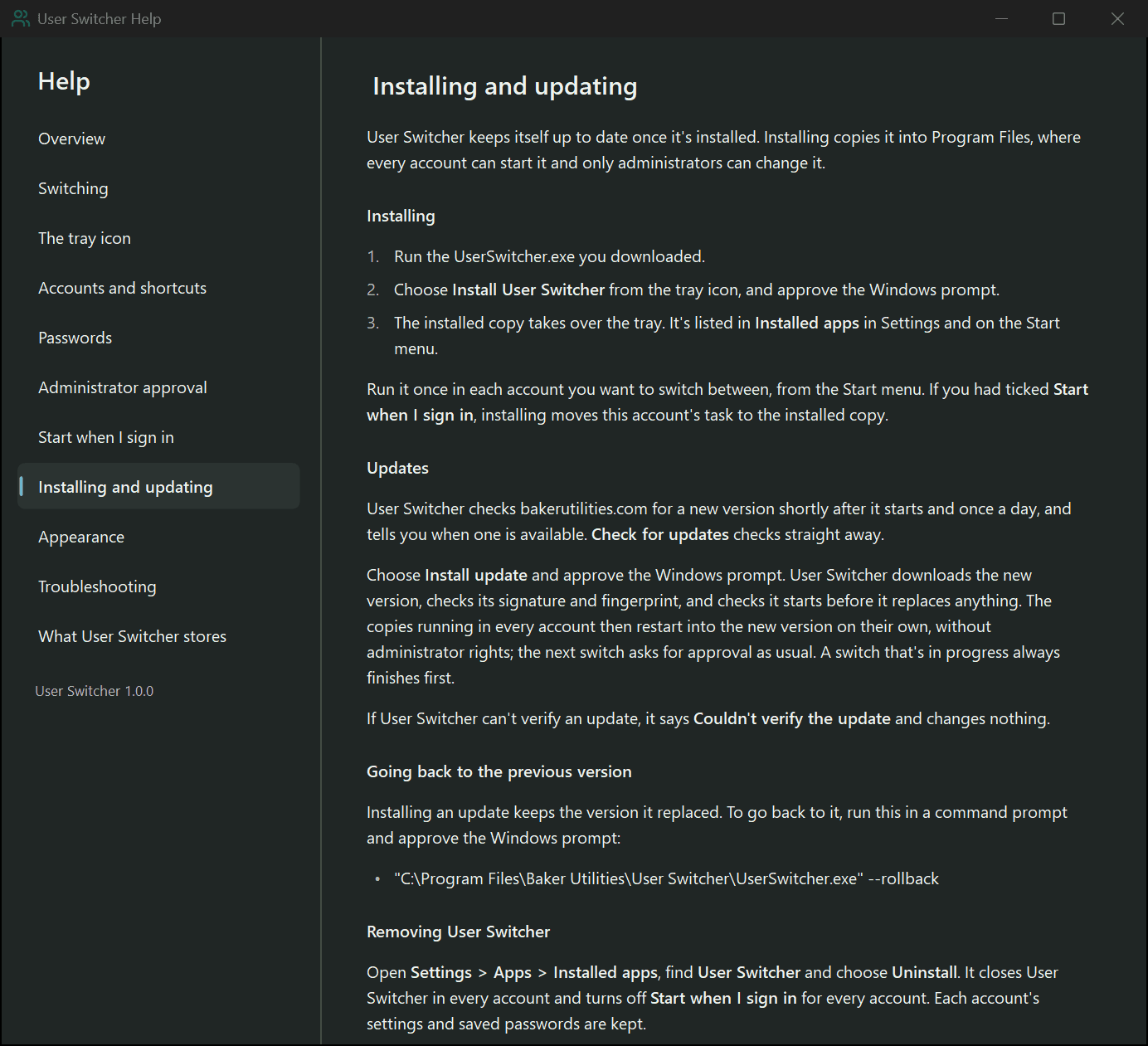User Switcher Help window in dark theme showing the Installing and updating topic for version 1.0.0.