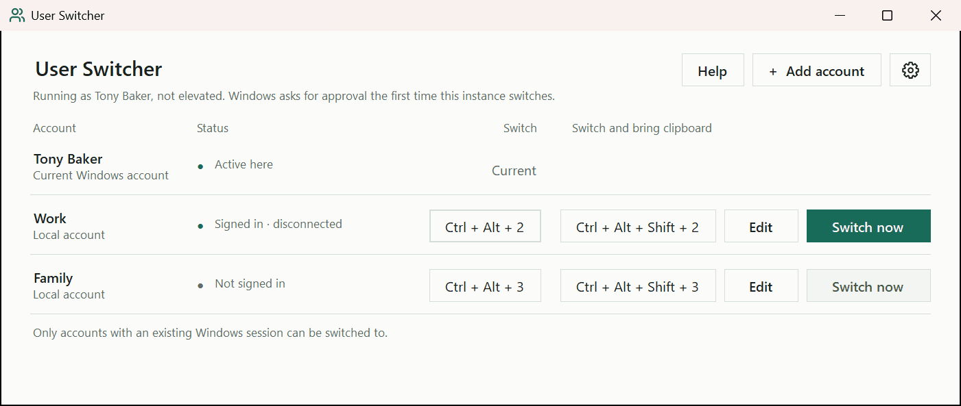 User Switcher main window in light theme with the current account, Work and Family, their Switch and Switch and bring clipboard shortcuts, Edit and Switch now buttons, and the settings cog.