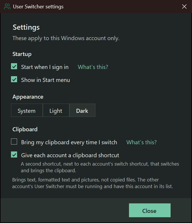 User Switcher Settings window in dark theme with Startup options, the Appearance choice, and the Clipboard options with Give each account a clipboard shortcut ticked.