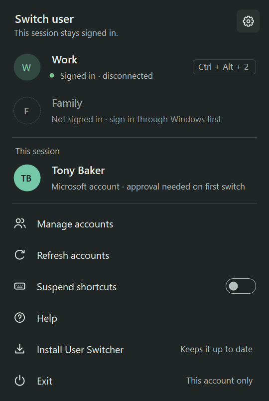 User Switcher flyout in dark theme listing Work, signed in and disconnected with shortcut Ctrl + Alt + 2, and Family, not signed in, above this session and the action list.